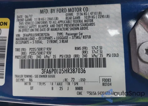 2017 Ford Fusion Hybrid Se z USA, uszkodzony, nr VIN 3FA6P0LU5HR387036